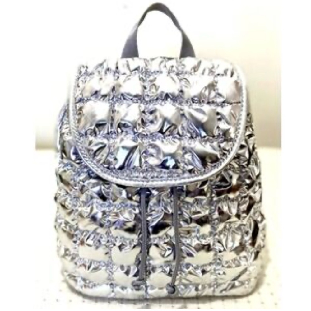 Silver Quilted Puffer Mini Backpack, Art Class, Adjustable Straps, 10” x 10” New